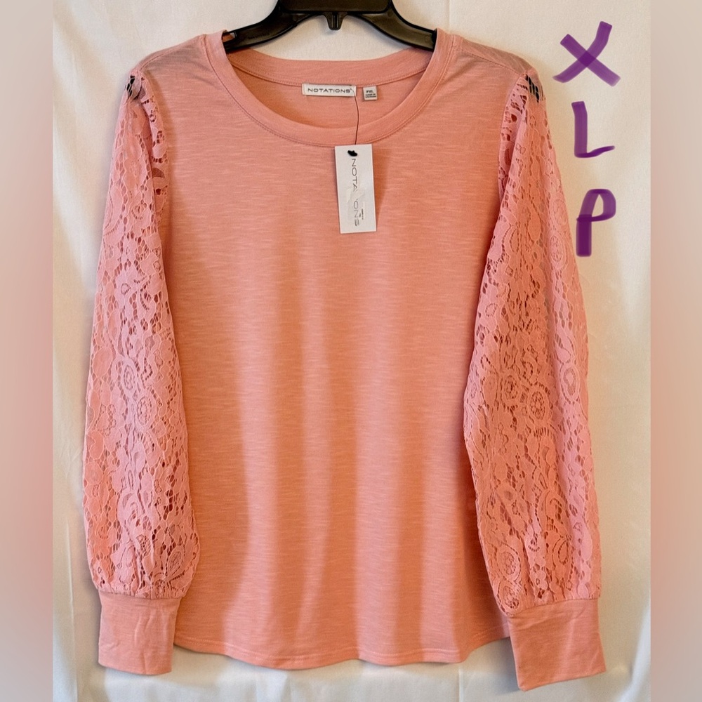 Notations Pink Lace Balloon-Sleeve Crewneck Sweatshirt